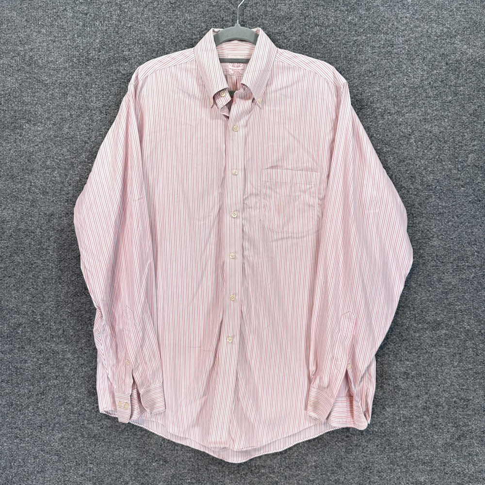 Brooks Brothers Button Down Shirt Mens 15.5 Red White Striped Non Iron Cotton